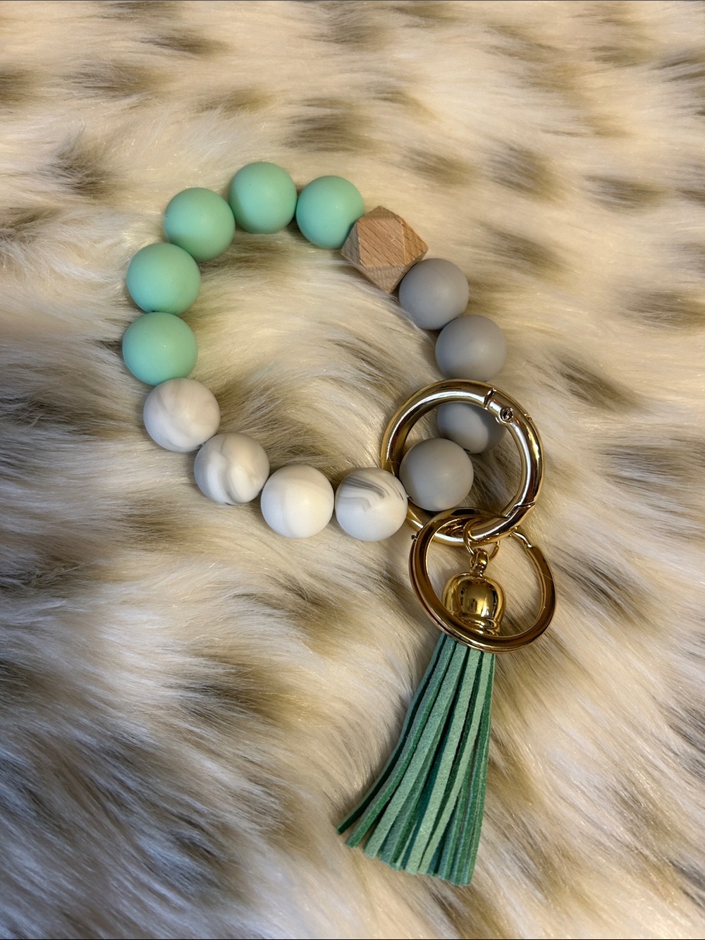 Mint and Gray Beaded Tassel Keychain Bracelet